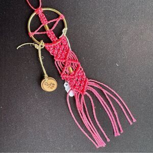 Handmade Pink Macrame Hanging with Brass Color Ring